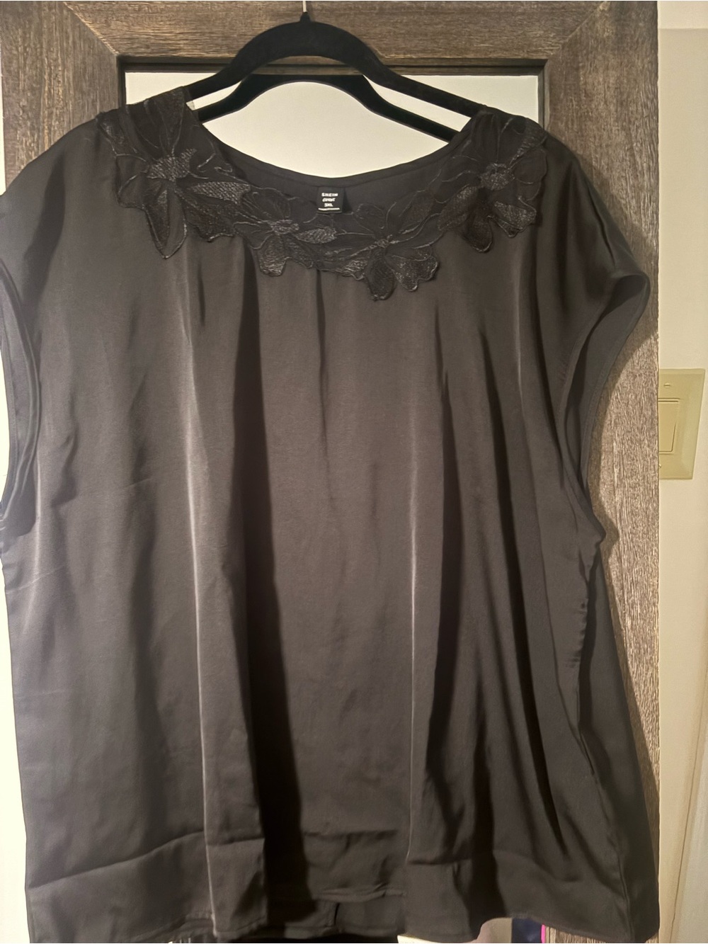 SHEIN Black Floral Applique Neck Blouse